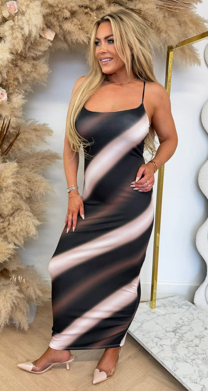 ELISE COLOURY SPAGHETTI DRESS BEIGE/BLACK