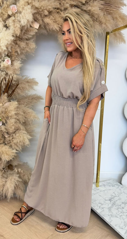 BUTTON POCKET DRESS TAUPE