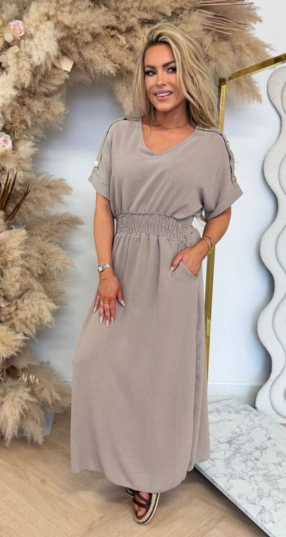 BUTTON POCKET DRESS TAUPE