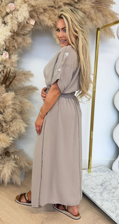 BUTTON POCKET DRESS TAUPE
