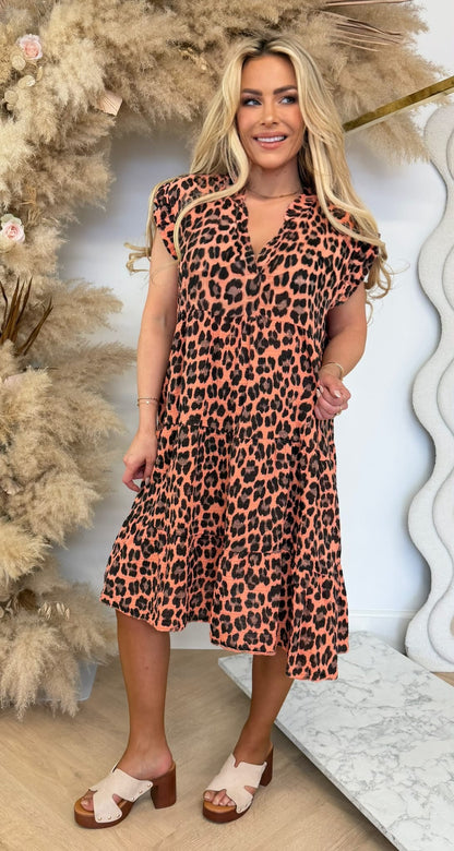 DEMI LEOPARD RUFFLE DRESS ORANGE