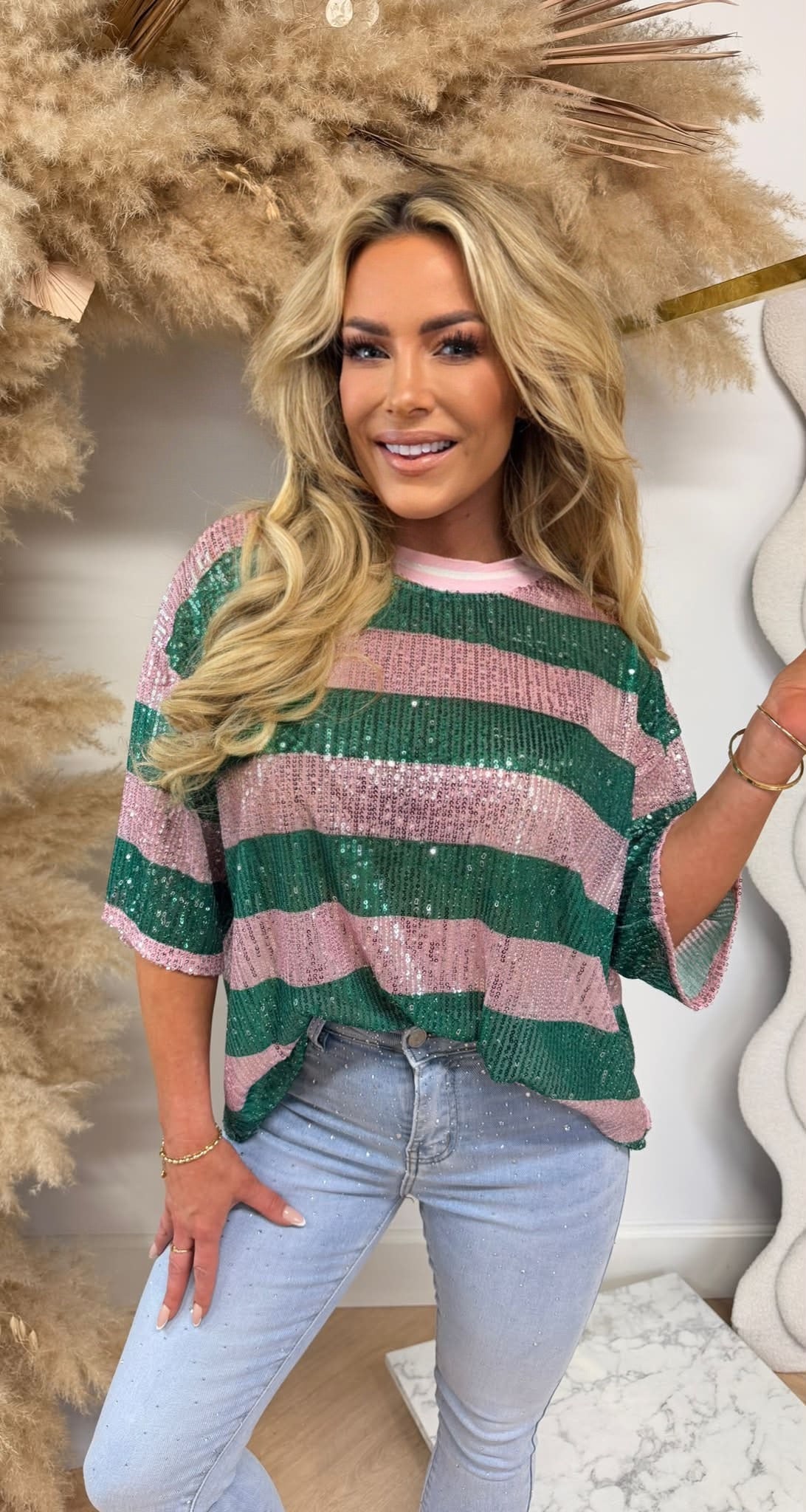 GLITTER STRIPE TEE GREEN/PINK