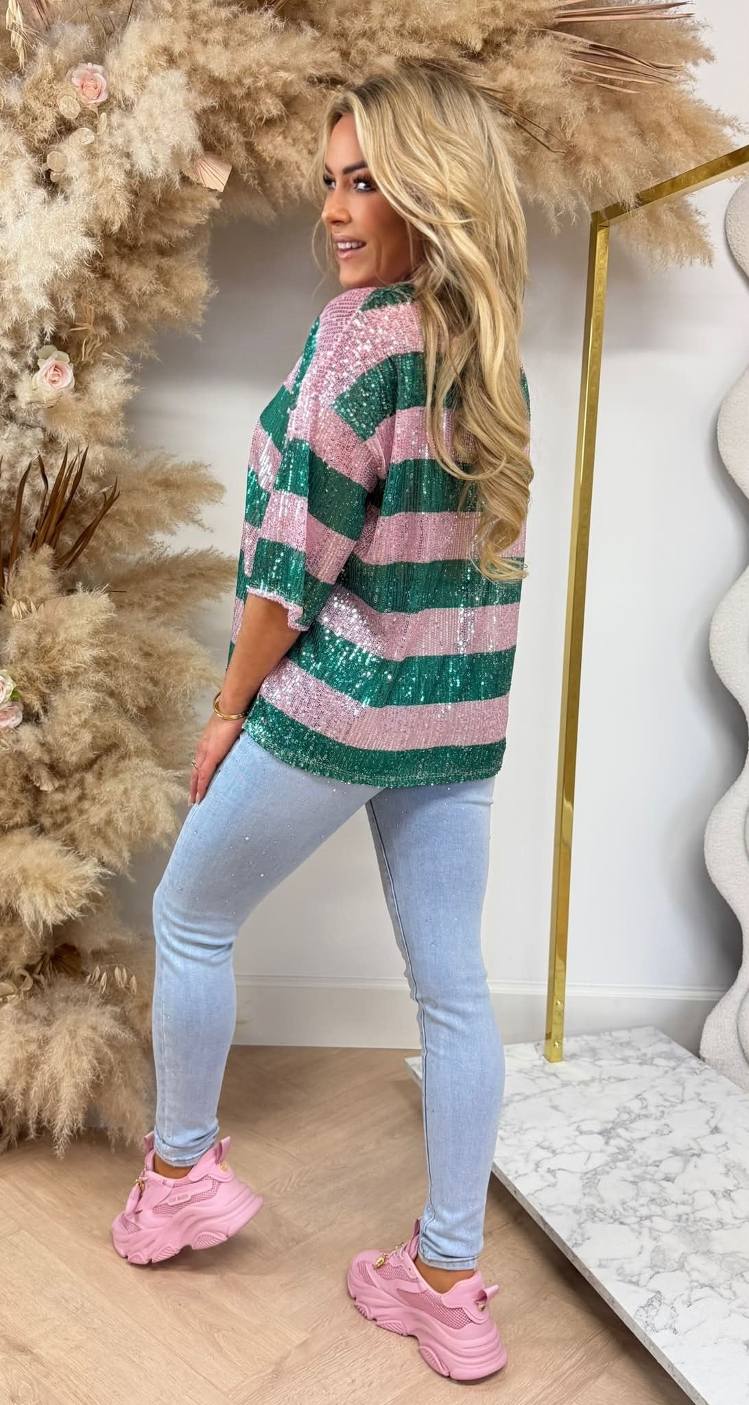 GLITTER STRIPE TEE GREEN/PINK