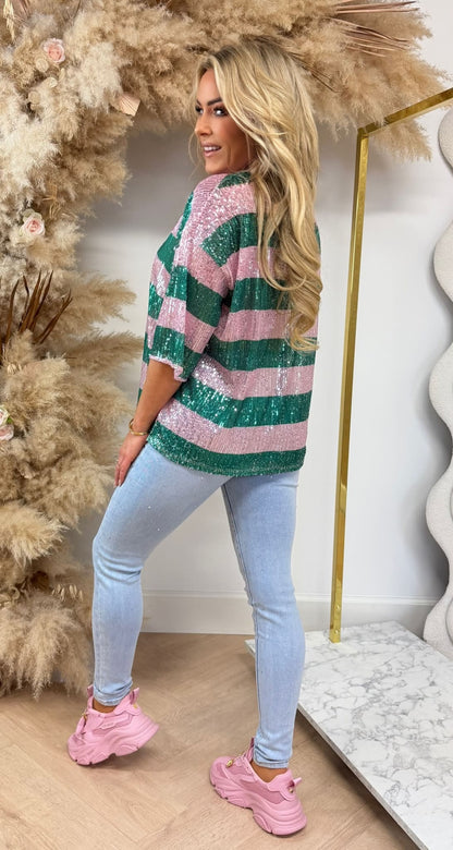 GLITTER STRIPE TEE GREEN/PINK
