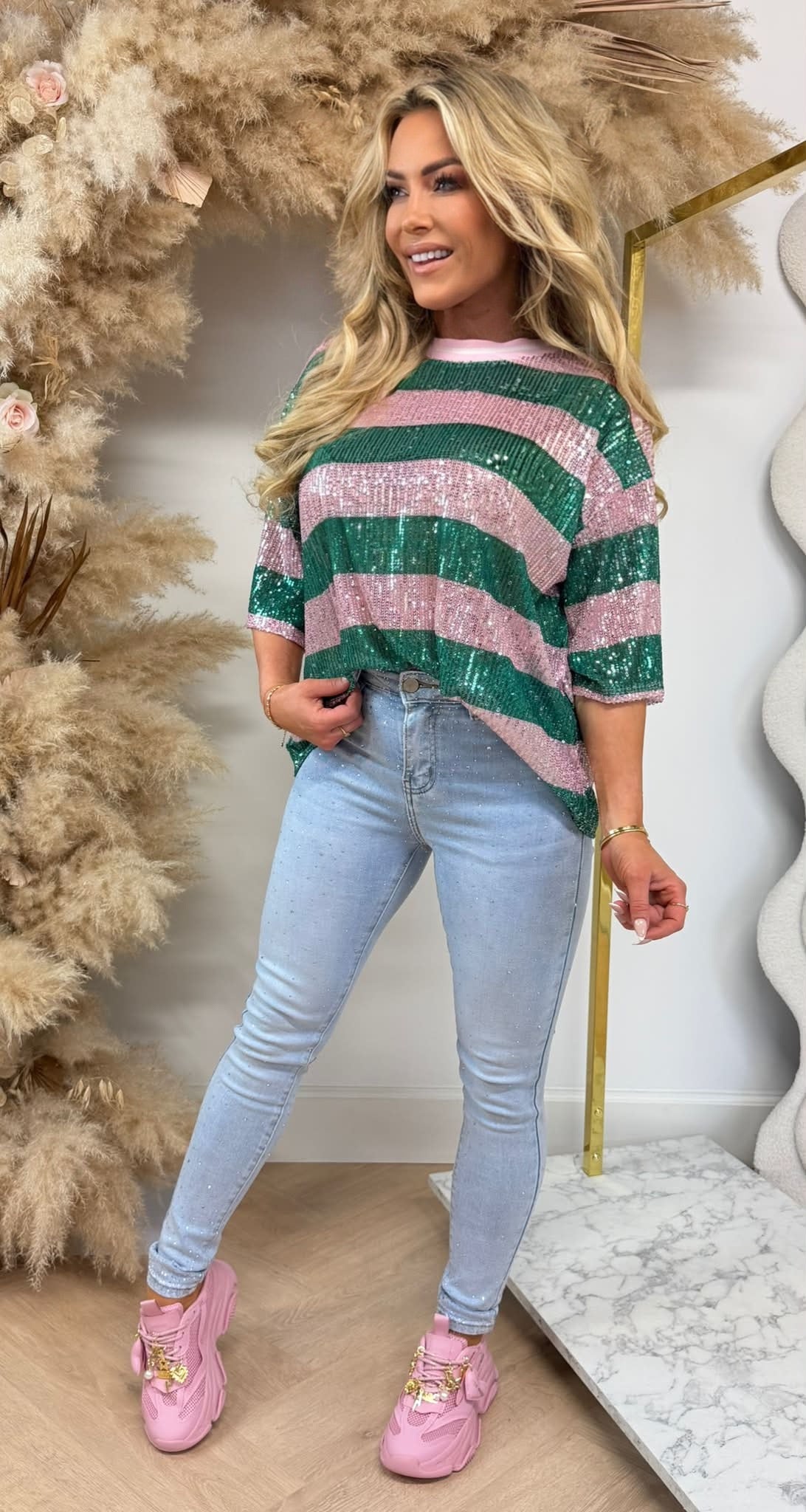 GLITTER STRIPE TEE GREEN/PINK