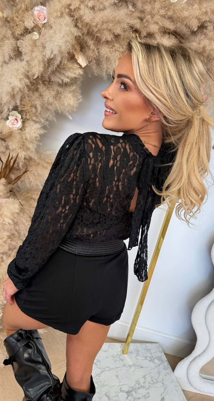 LACY STRIK PLAYSUIT BLACK