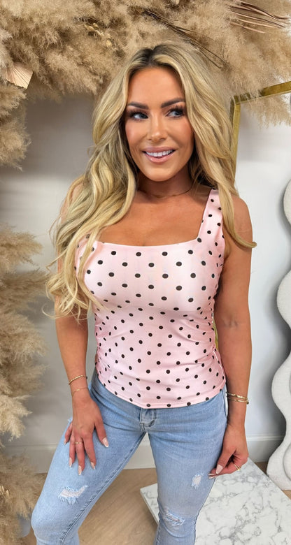 SATIN LOOK DOTS TOP PINK