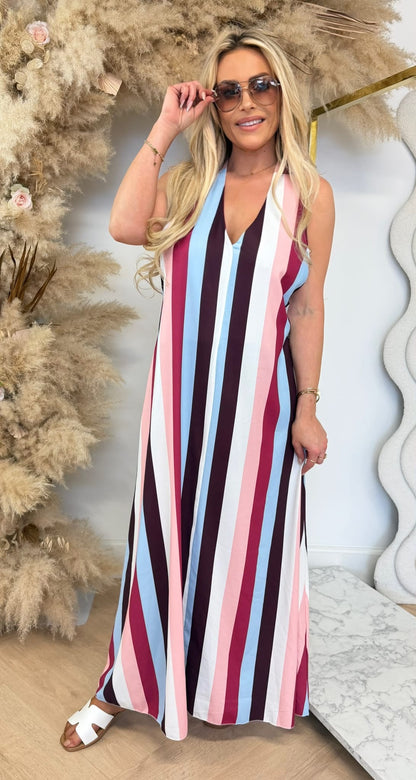 LEXIE OPEN BACK DRESS ZALM/BORDEAUX