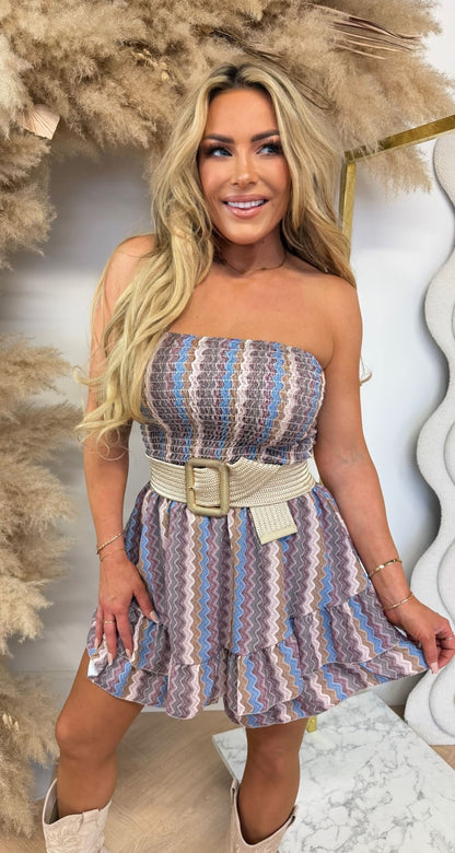 NIENKE STRAPLESS ZIGZAG PLAYSUIT BLUE/TAUPE
