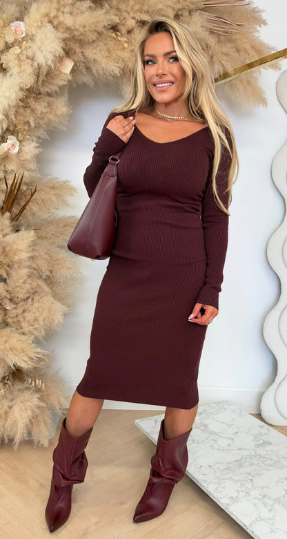 DOUBLE V NECK RIB DRESS 8743 WINE