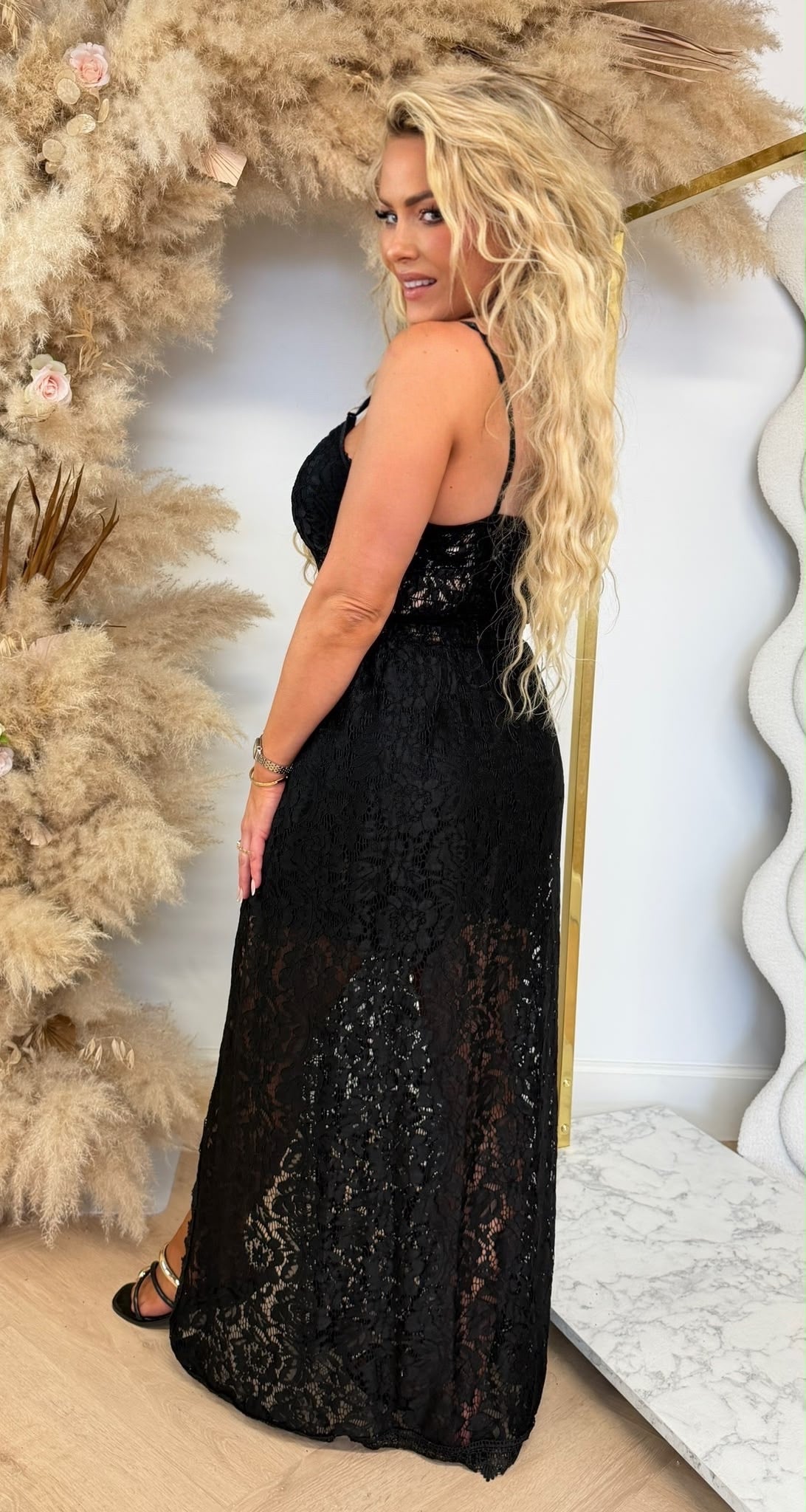 IVINI STRETCH LACE MAXI PLAYSUIT BLACK