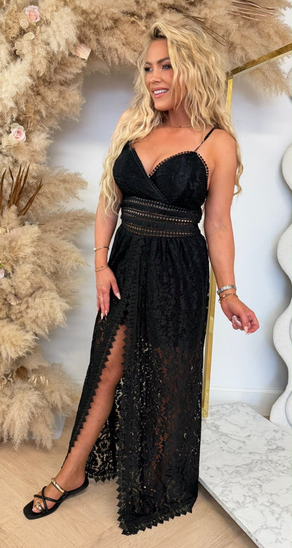 IVINI STRETCH LACE MAXI PLAYSUIT BLACK