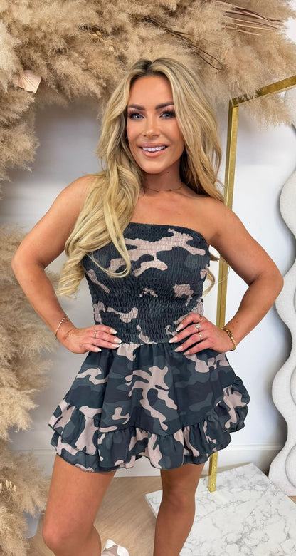 CAMO STRAPLESS PLAYSUIT GREEN
