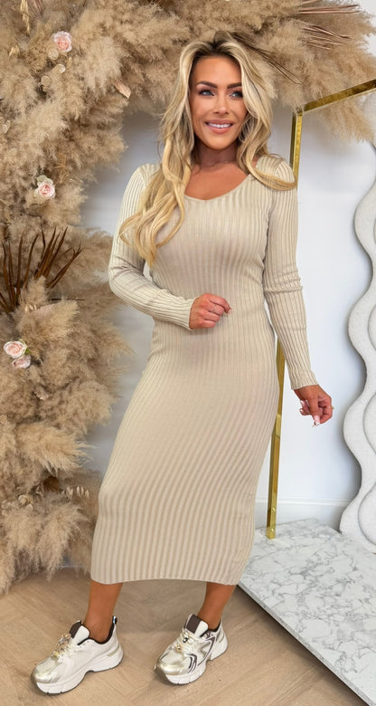 KAYLLA V HALS RIB DRESS 9850 BEIGE