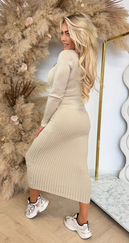 KAYLLA V HALS RIB DRESS 9850 BEIGE