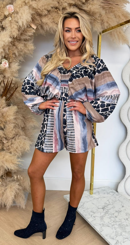 PRINTY BALLOON SLEEVE PLAYSUIT NAVY