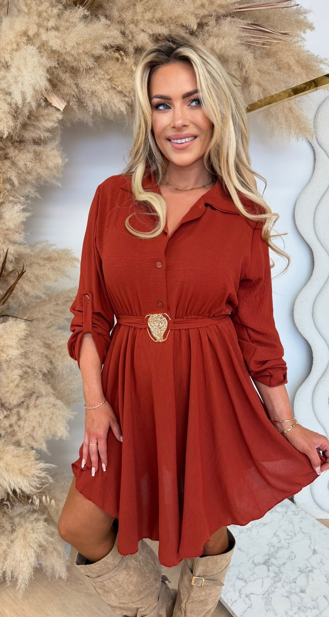 ITALY GOLDEN BELT DRESS TERRACOTA