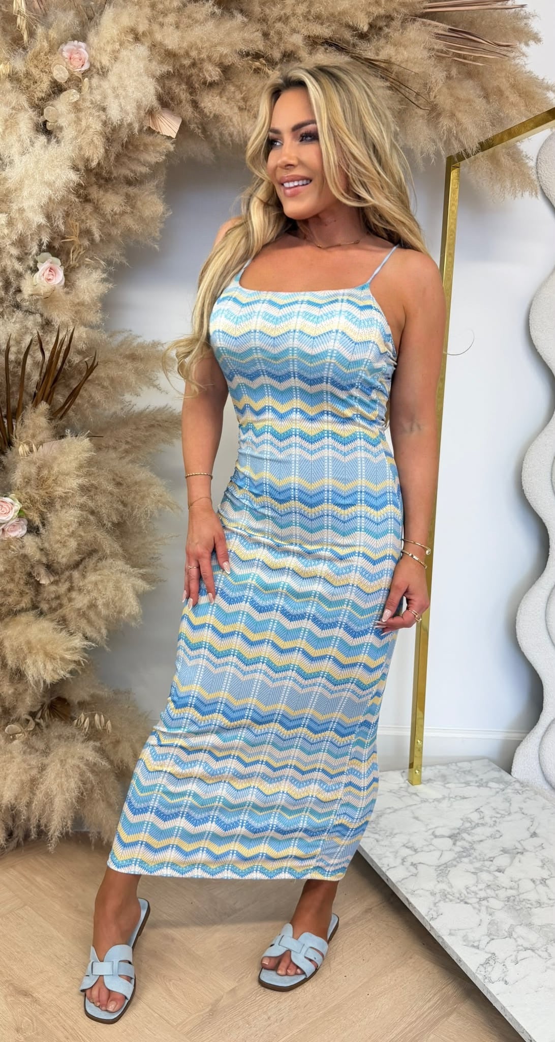 HAILY ZIGZAG SPAGHETTI DRESS BLUE