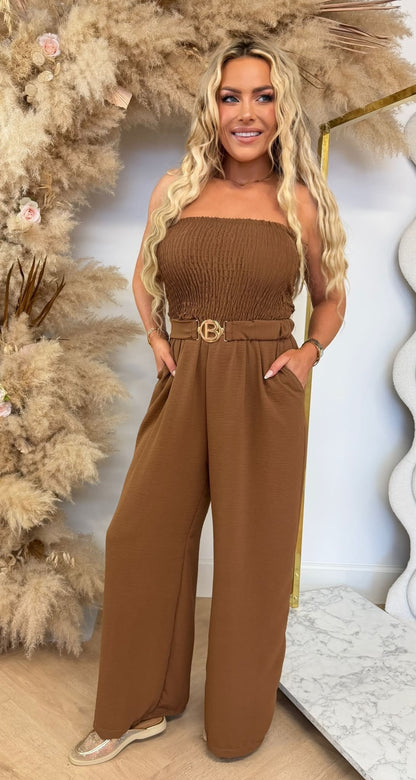 SANDY BELT STRAPLESS JUMPSUIT CAMEL