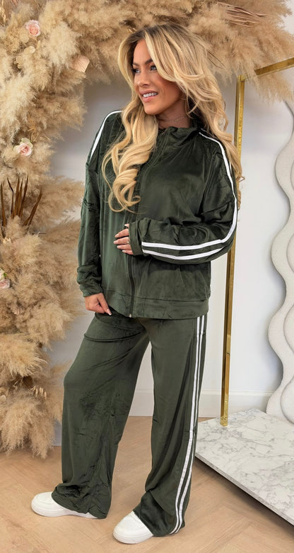 STRAIGHT LEG STRIPE VELVET SET 1021 ARMY