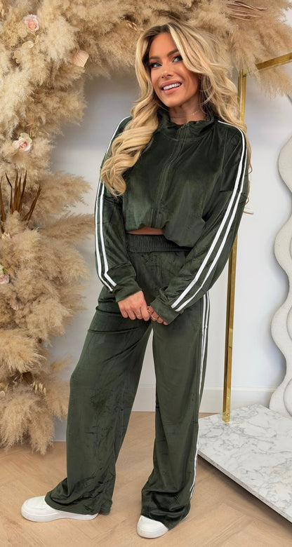 STRAIGHT LEG STRIPE VELVET SET 1021 ARMY