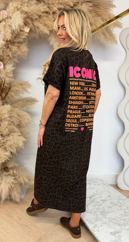 ICONIC TEKST LONG DRESS CHOCO