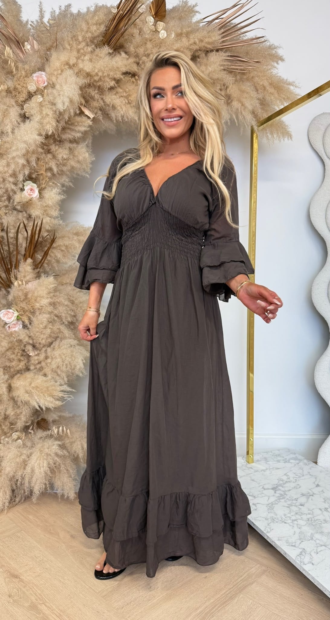 BELLA COTTON ROUCHE DRESS CHOCO