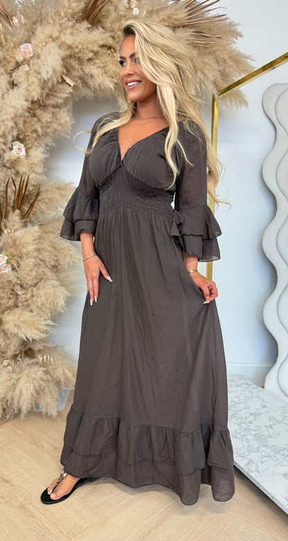 BELLA COTTON ROUCHE DRESS CHOCO