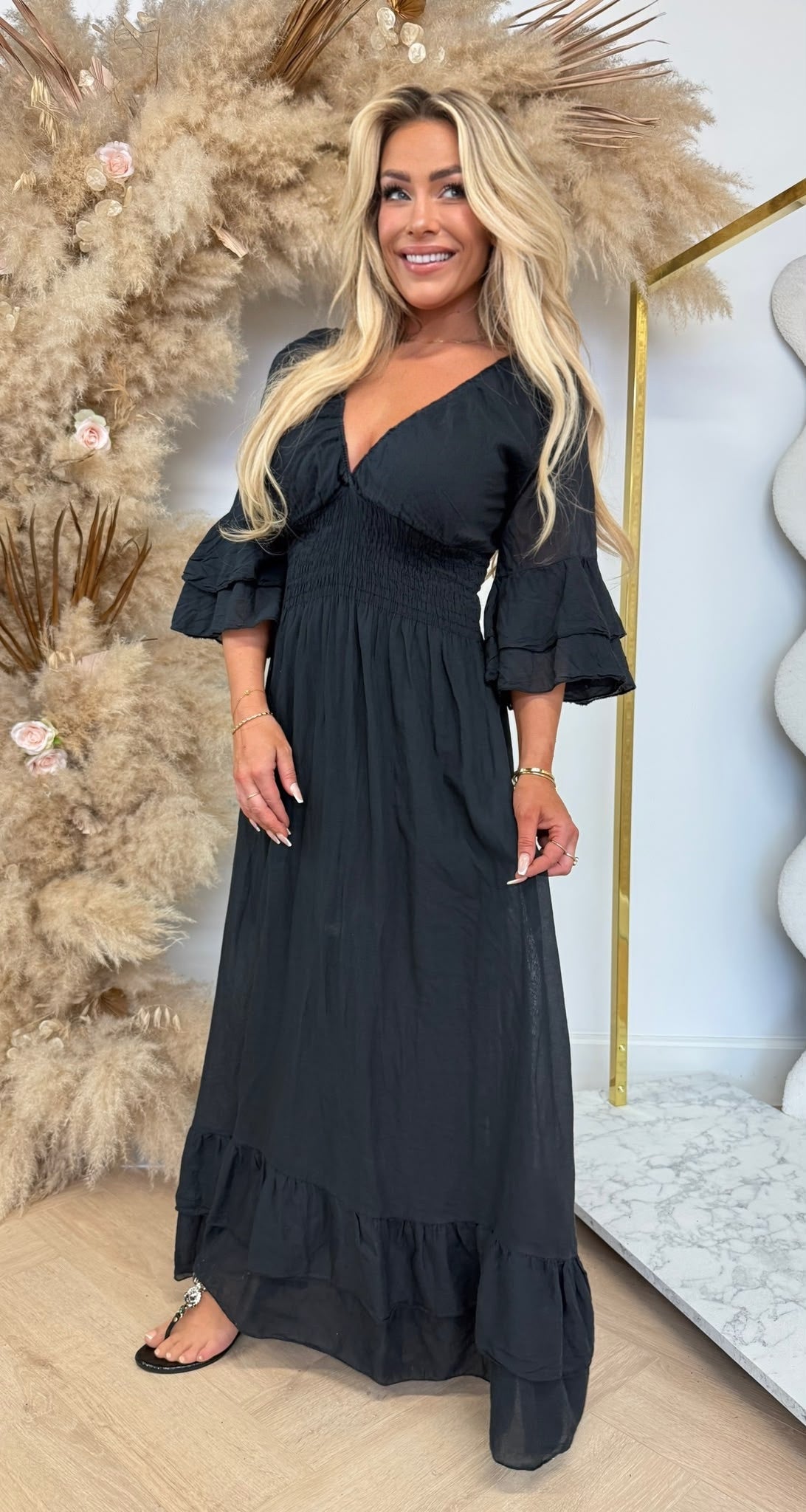 BELLA COTTON ROUCHE DRESS BLACK
