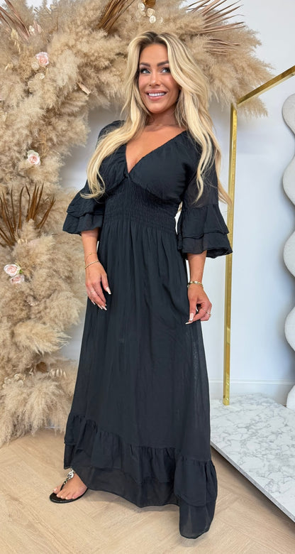 BELLA COTTON ROUCHE DRESS BLACK