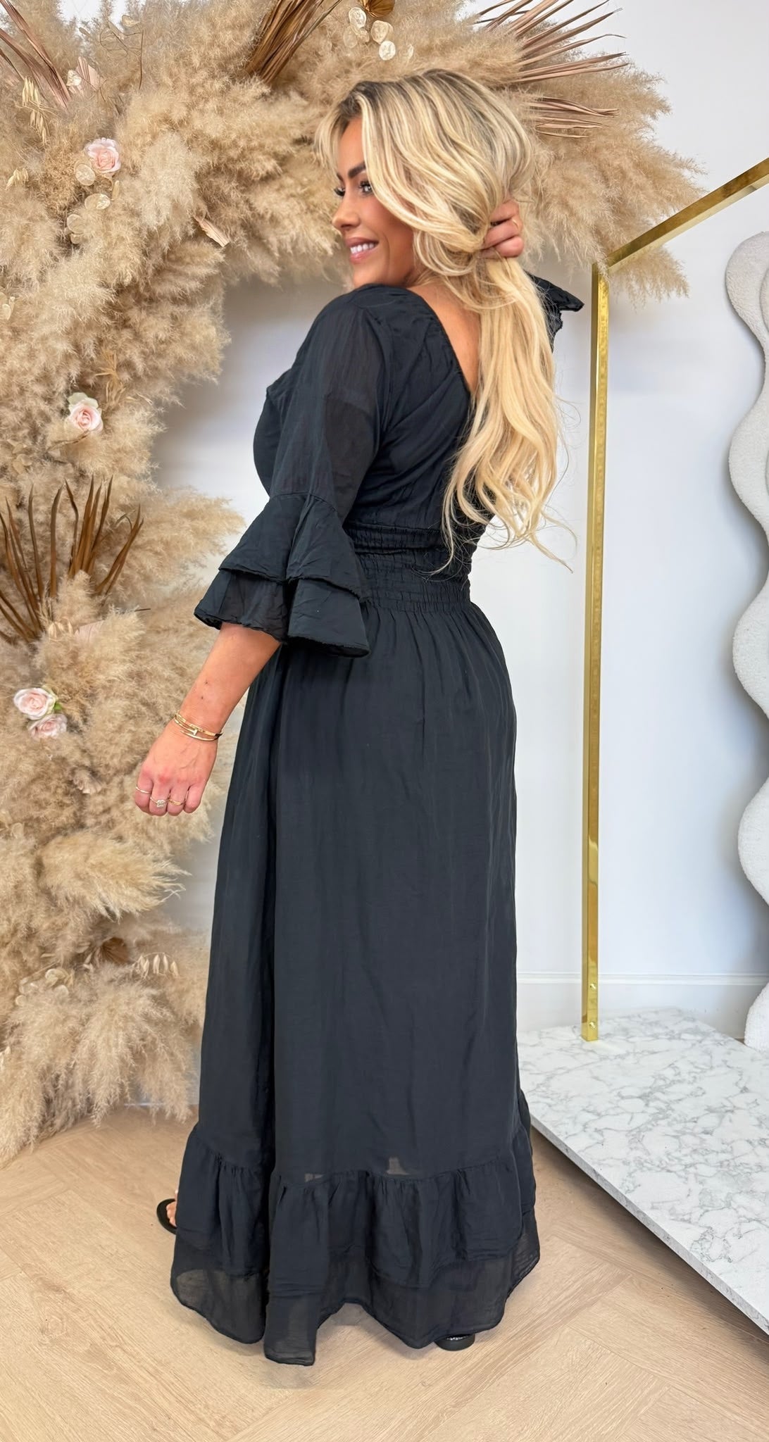 BELLA COTTON ROUCHE DRESS BLACK