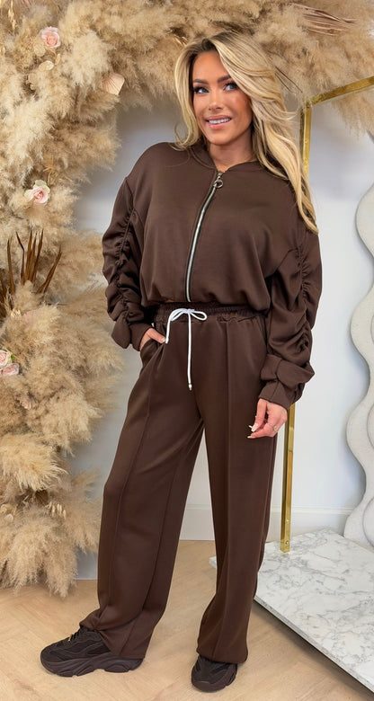 SMOCKED SLEEVE TWO PIECE SET CHOCO
