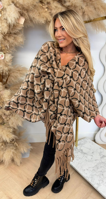 CIRCLE PRINT OMSLAG PONCHO CAMEL