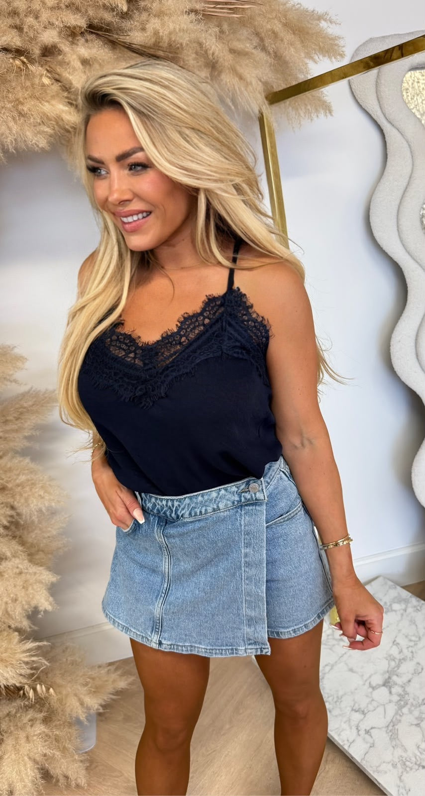 LOVIE SPAGHETTI LACE TOP NAVY