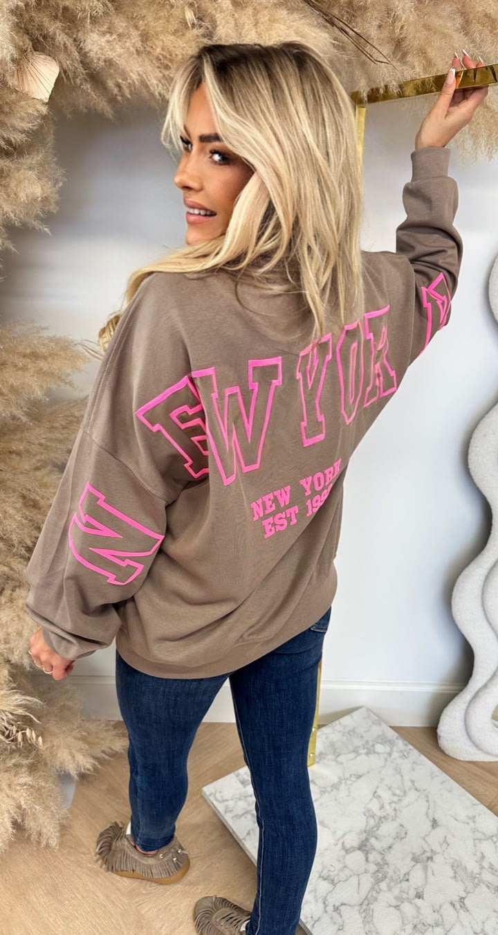 NEW YORK NEON TEKST SWEAT 5803 TAUPE