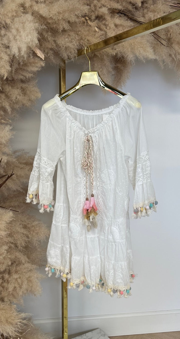 PONPON IBIZA VIBES DRESS WHITE