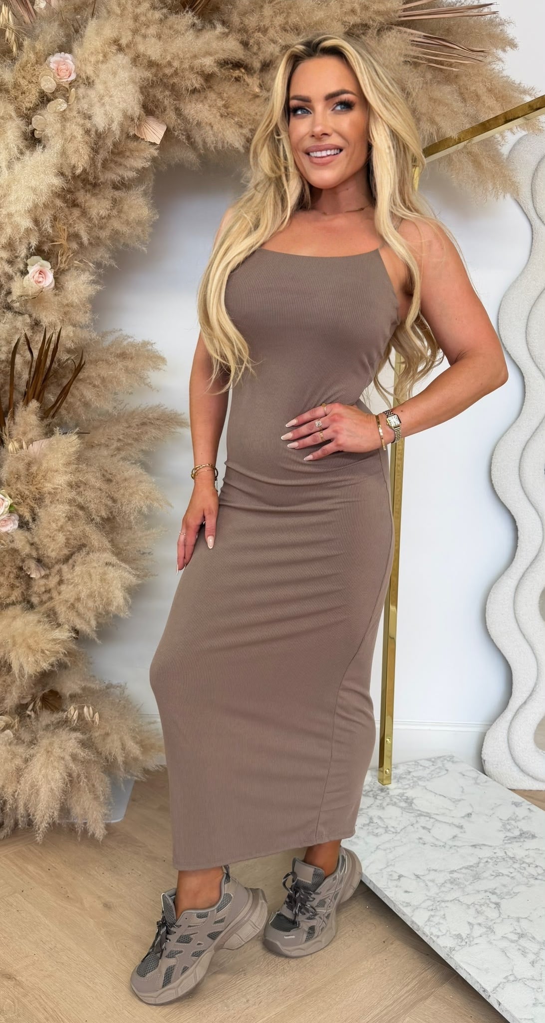 ELISA RIBBED SPAGHETTI DRESS TAUPE