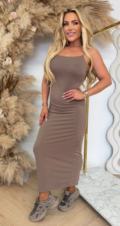 ELISA RIBBED SPAGHETTI DRESS TAUPE