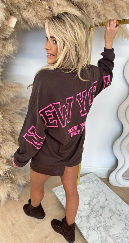 NEW YORK NEON TEKST SWEAT 5803 CHOCO