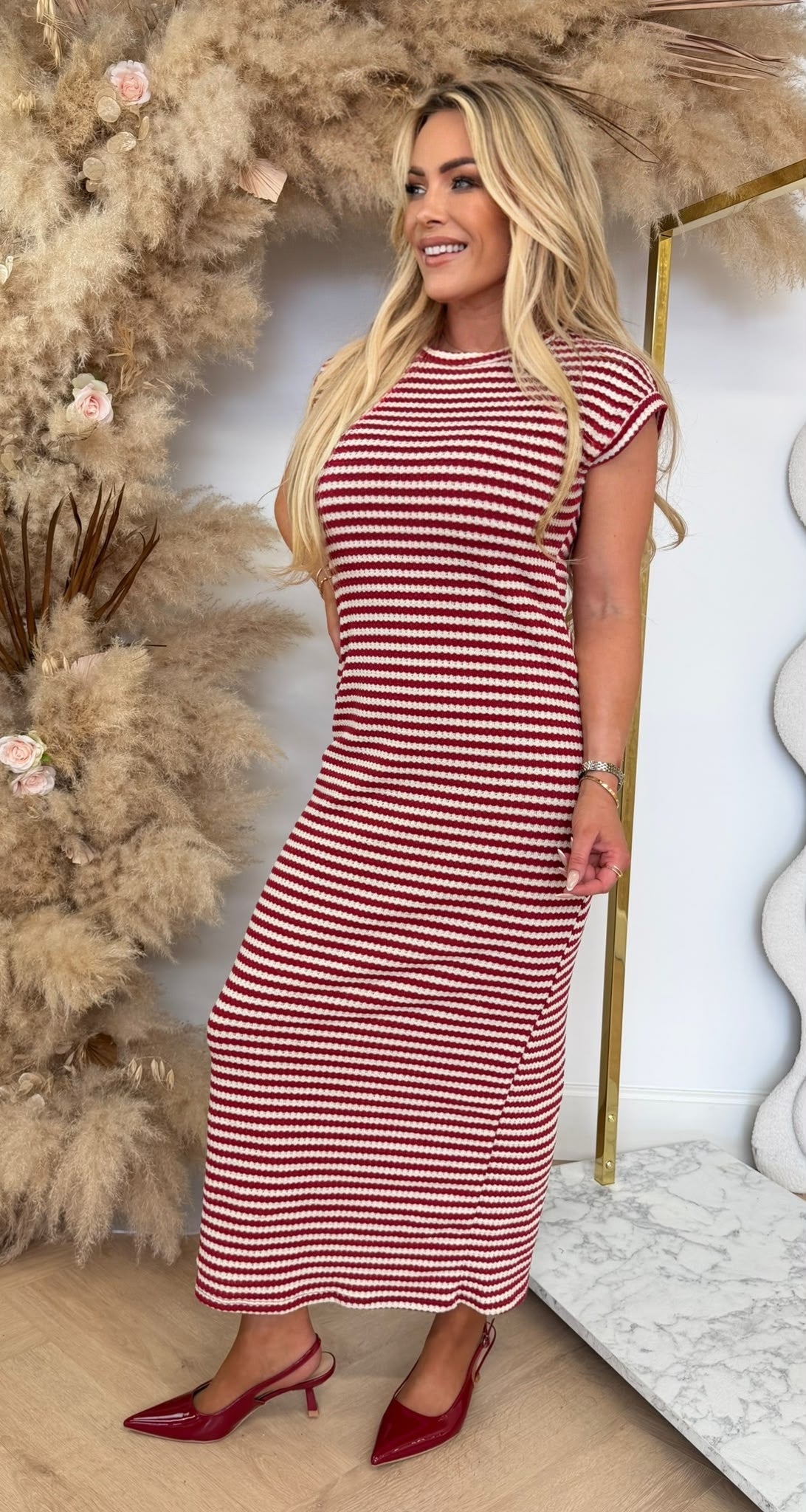 KNITTED STRIPE DRESS REDWINE