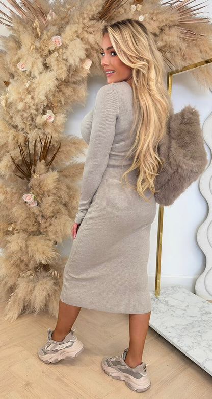 DOUBLE V NECK RIB DRESS 8743 TAUPE