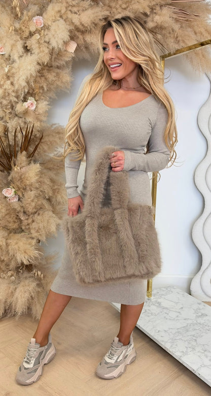 DOUBLE V NECK RIB DRESS 8743 TAUPE