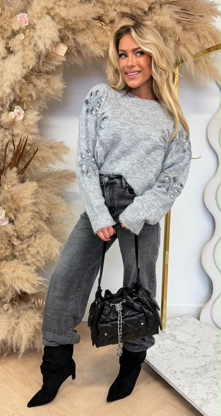 SEQUIN FLOWER SWEAT 5682 GREY