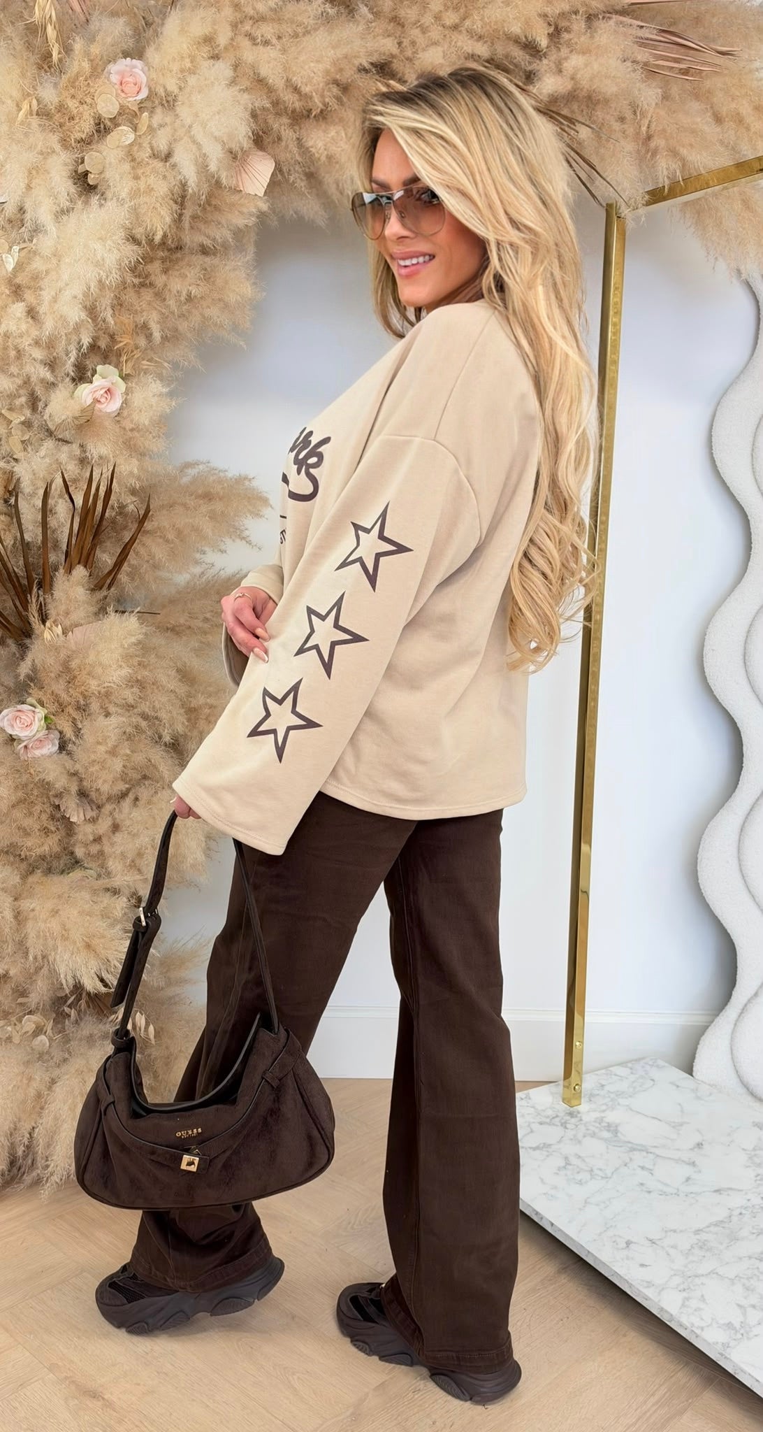 NEW YORK STAR SLEEVES OVERSIZED SHIRT BEIGE