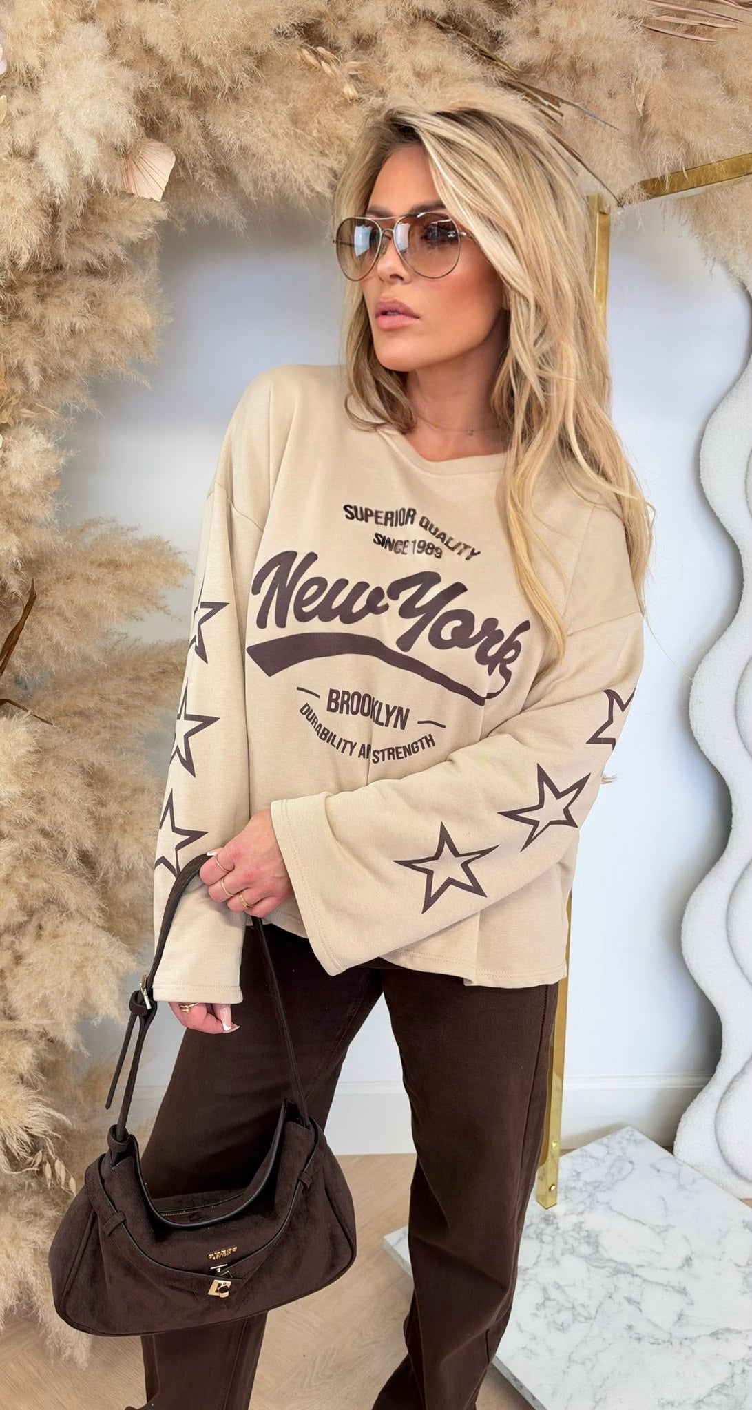 NEW YORK STAR SLEEVES OVERSIZED SHIRT BEIGE