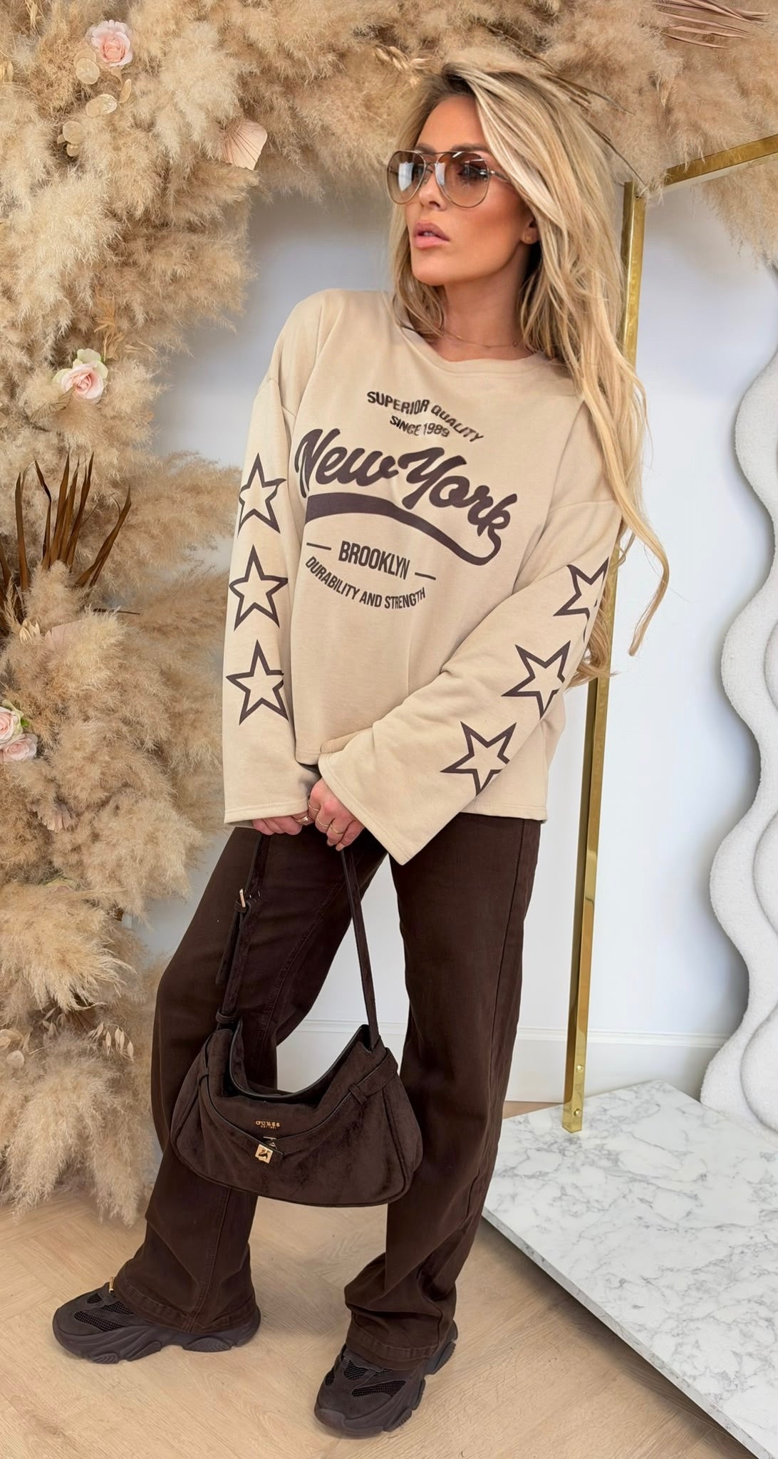 NEW YORK STAR SLEEVES OVERSIZED SHIRT BEIGE