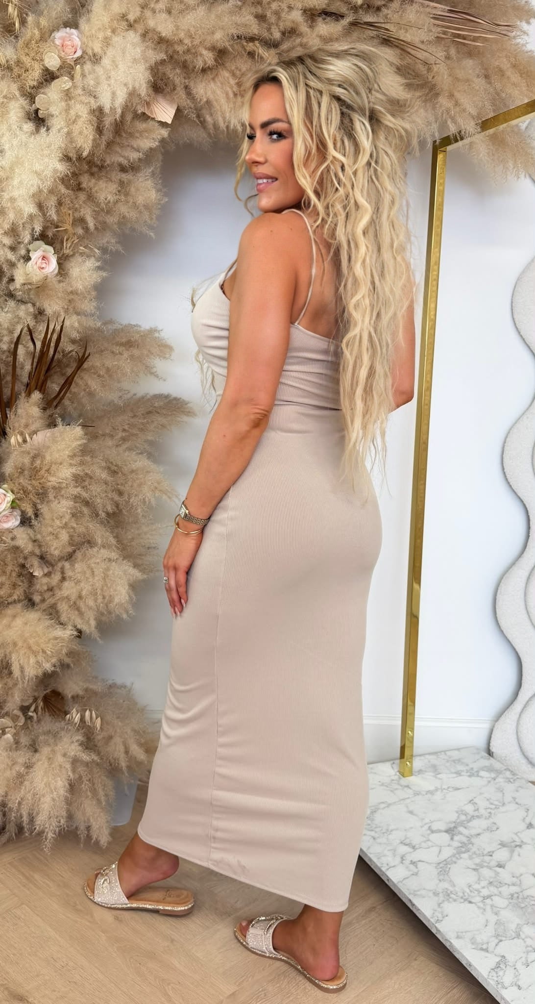 ELISA RIBBED SPAGHETTI DRESS BEIGE