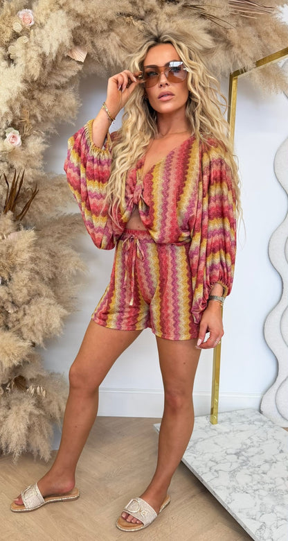 SHINY WAVE TWO PIECE SET PINK/YELLOW