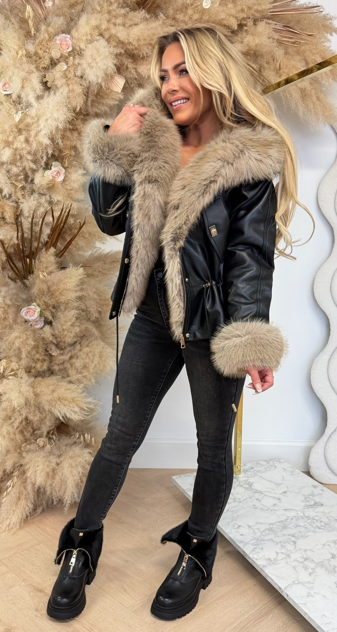 LEATHER LOOK TOUWTJE JACKET 6259 BLACK/BEIGE