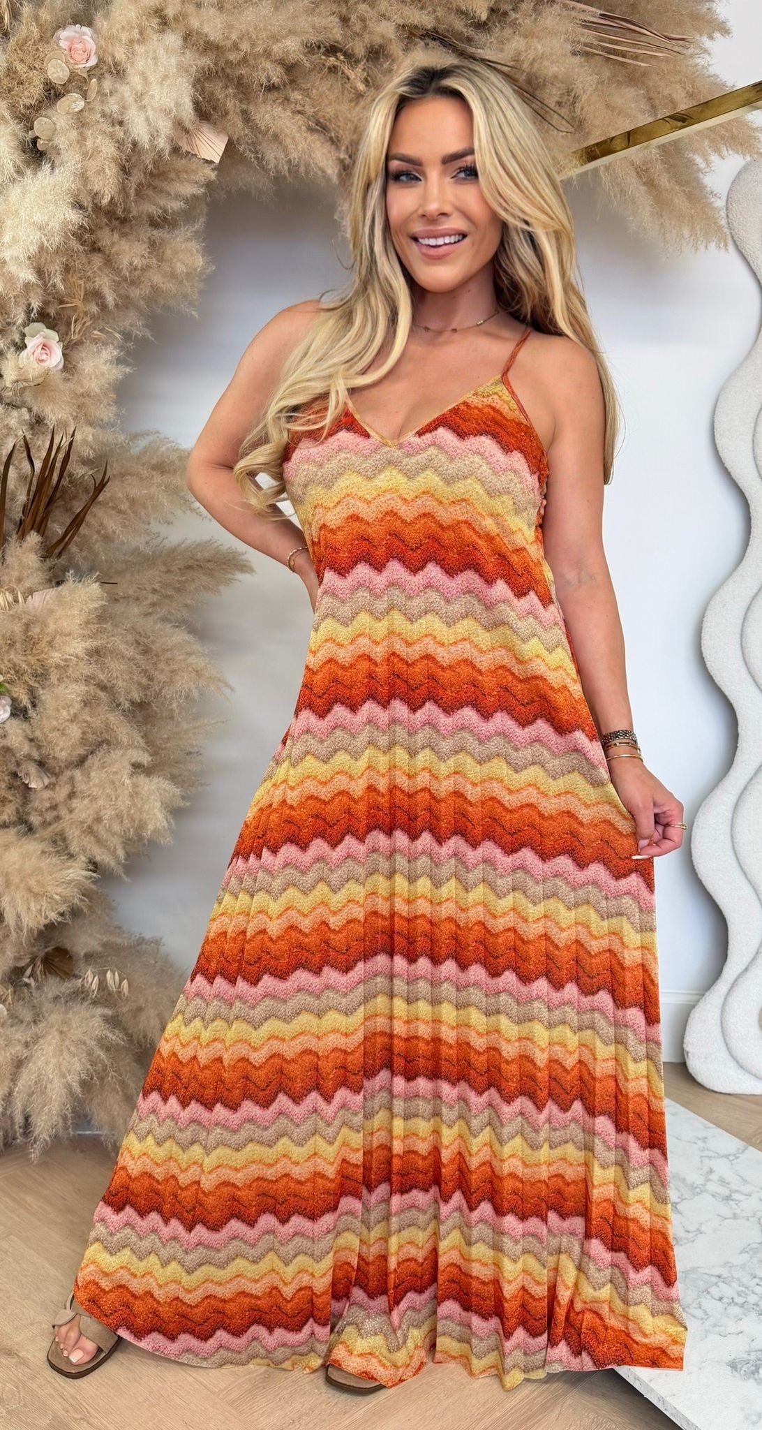 PLISSE BASIC SPAGHETTI DRESS GLITTER/ORANGE